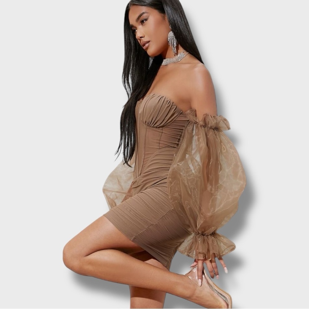 Elegant Brown Off-Shoulder Dress- (S) - Picture 3 of 5